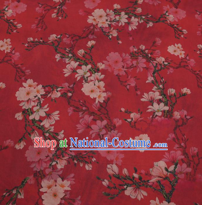 Traditional Chinese Red Gambiered Guangdong Gauze Classical Pear Flowers Pattern Design Silk Fabric