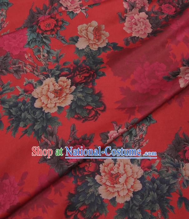 Traditional Chinese Red Gambiered Guangdong Gauze Classical Peony Pattern Design Silk Fabric