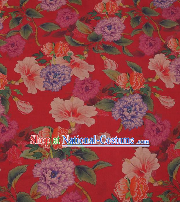 Traditional Chinese Classical Peony Pattern Design Red Gambiered Guangdong Gauze Asian Brocade Silk Fabric