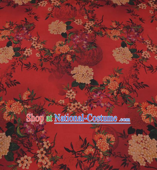 Traditional Chinese Classical Hydrangea Pattern Design Red Gambiered Guangdong Gauze Asian Brocade Silk Fabric