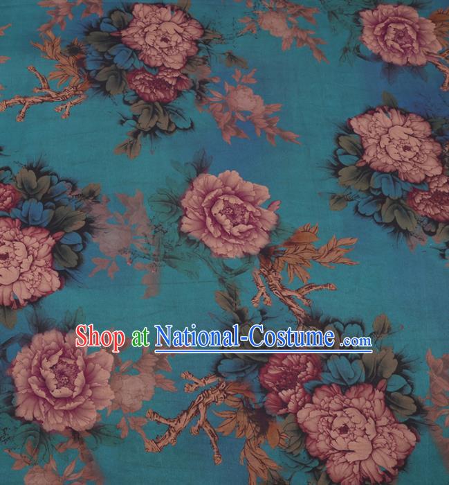 Traditional Chinese Classical Peony Pattern Design Blue Gambiered Guangdong Gauze Asian Brocade Silk Fabric