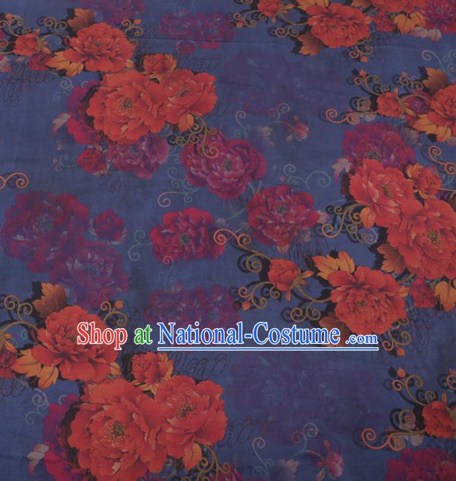 Traditional Chinese Classical Peony Flowers Pattern Design Navy Gambiered Guangdong Gauze Asian Brocade Silk Fabric