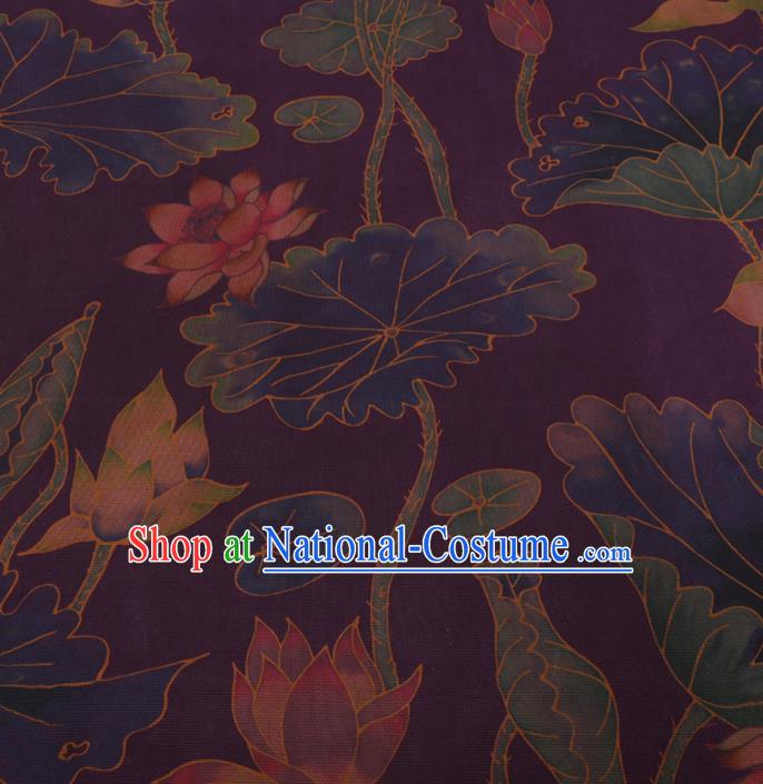 Traditional Chinese Classical Lotus Pattern Design Deep Purple Gambiered Guangdong Gauze Asian Brocade Silk Fabric