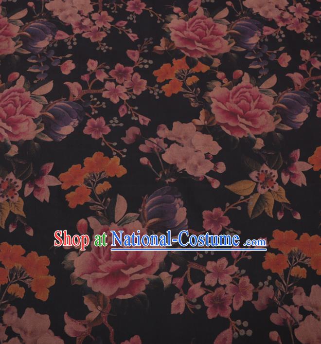 Traditional Chinese Classical Peony Pattern Design Black Gambiered Guangdong Gauze Asian Brocade Silk Fabric