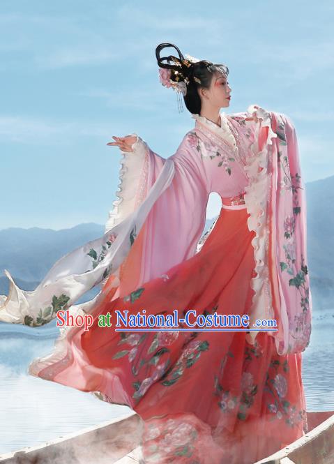 Ancient Chinese Legend Goddess Peony Pink Hanfu Dress Traditional Jin Dynasty Imperial Consort Embroidered Replica Costume for Women