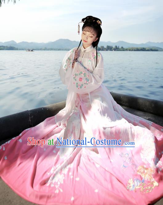 Ancient Chinese Nobility Lady Pink Hanfu Dress Traditional Ming Dynasty Embroidered Replica Costume for Women