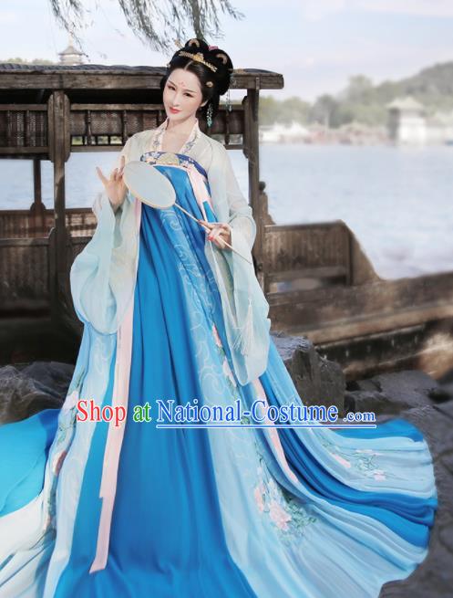 Ancient Chinese Court Princess Blue Hanfu Dress Traditional Tang Dynasty Embroidered Replica Costume for Women