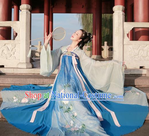 Ancient Chinese Court Princess Blue Hanfu Dress Traditional Tang Dynasty Embroidered Replica Costume for Women