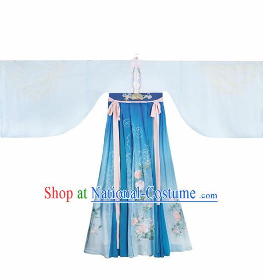 Ancient Chinese Court Princess Blue Hanfu Dress Traditional Tang Dynasty Embroidered Replica Costume for Women