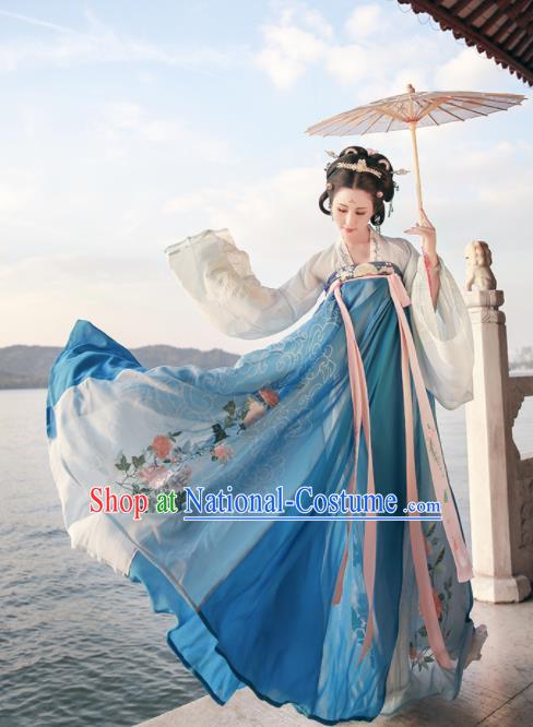 Ancient Chinese Court Princess Blue Hanfu Dress Traditional Tang Dynasty Embroidered Replica Costume for Women