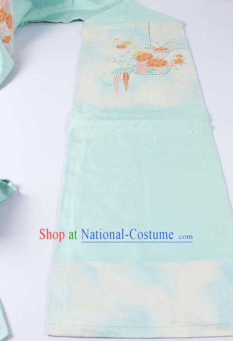 Japanese Ceremony Kimono Classical Orchid Peony Pattern Light Blue Belt Asian Japan Traditional Yukata Waistband for Women