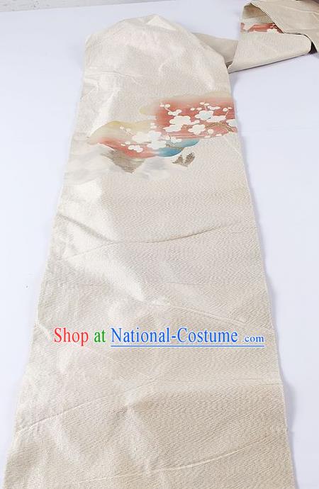 Japanese Kimono Accessories Classical Plum Pattern White Belt Asian Japan Traditional Ceremony Yukata Waistband for Women