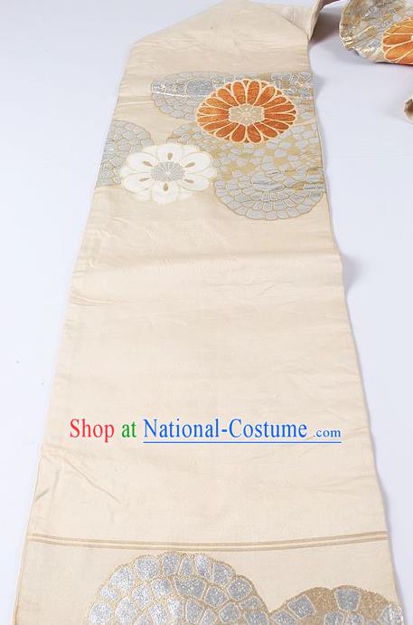 Japanese Ceremony Kimono Classical Chrysanthemum Pattern Beige Belt Asian Japan Traditional Yukata Waistband for Women