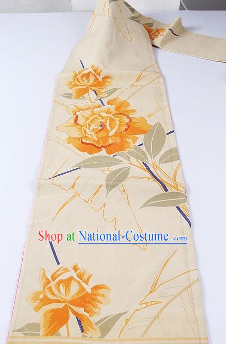 Japanese Traditional Yukata Accessories Classical Rose Pattern Beige Brocade Belt Asian Japan Kimono Waistband for Women