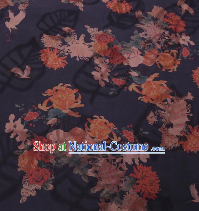 Traditional Chinese Classical Chrysanthemum Peony Pattern Design Navy Gambiered Guangdong Gauze Asian Brocade Silk Fabric