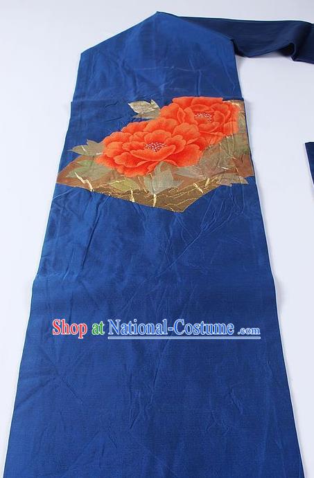 Japanese Traditional Yukata Accessories Classical Peony Pattern Royalblue Brocade Belt Asian Japan Kimono Waistband for Women