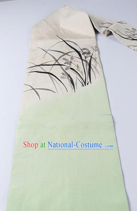 Japanese Kimono Accessories Classical Orchid Pattern Light Green Belt Asian Japan Traditional Ceremony Yukata Waistband for Women