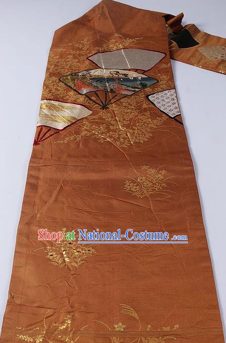 Japanese Kimono Accessories Classical Fan Pattern Bronze Belt Asian Japan Traditional Ceremony Yukata Waistband for Women