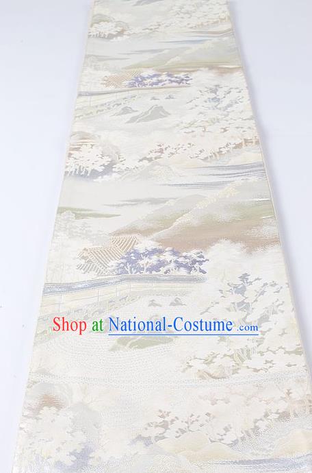 Japanese Kimono Accessories Classical Landscape Pattern White Belt Asian Japan Traditional Ceremony Yukata Waistband for Women