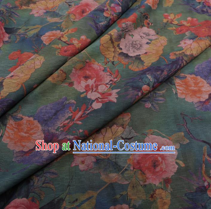 Traditional Chinese Classical Camellia Pattern Design Green Gambiered Guangdong Gauze Asian Brocade Silk Fabric