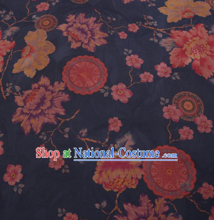 Traditional Chinese Classical Peony Pattern Design Navy Gambiered Guangdong Gauze Asian Brocade Silk Fabric