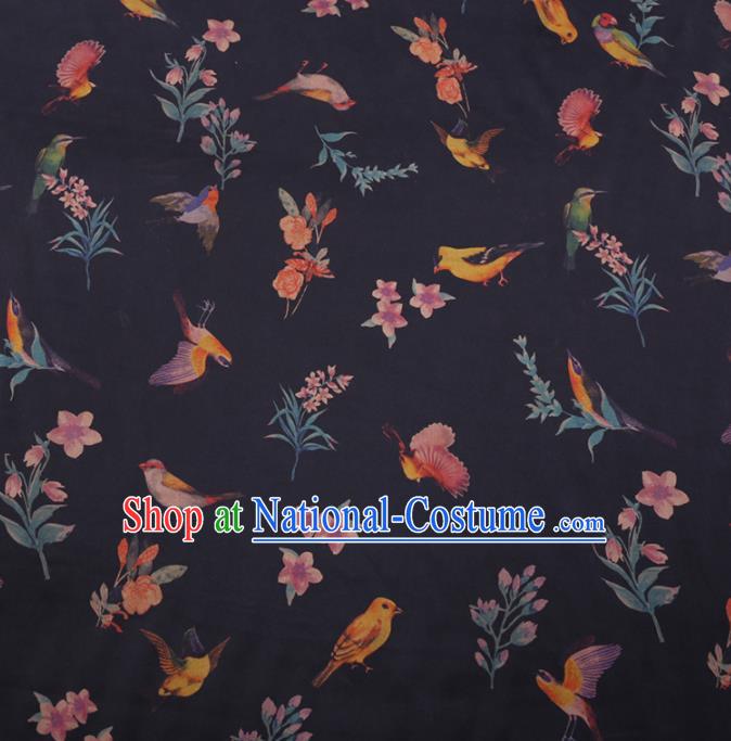 Traditional Chinese Classical Birds Pattern Design Black Gambiered Guangdong Gauze Asian Brocade Silk Fabric