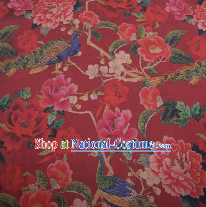 Traditional Chinese Classical Peacock Peony Pattern Design Red Gambiered Guangdong Gauze Asian Brocade Silk Fabric