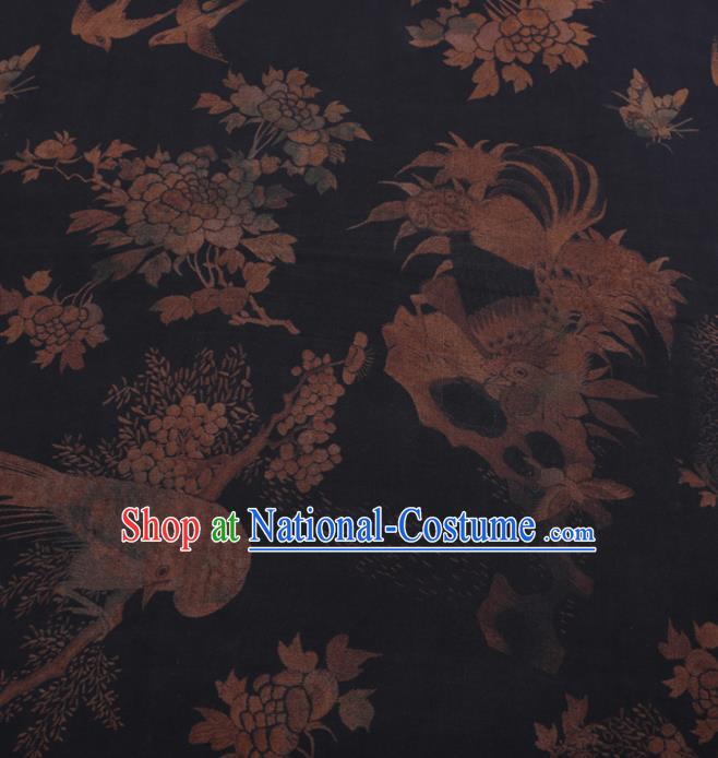 Traditional Chinese Classical Peacock Pattern Design Black Gambiered Guangdong Gauze Asian Brocade Silk Fabric