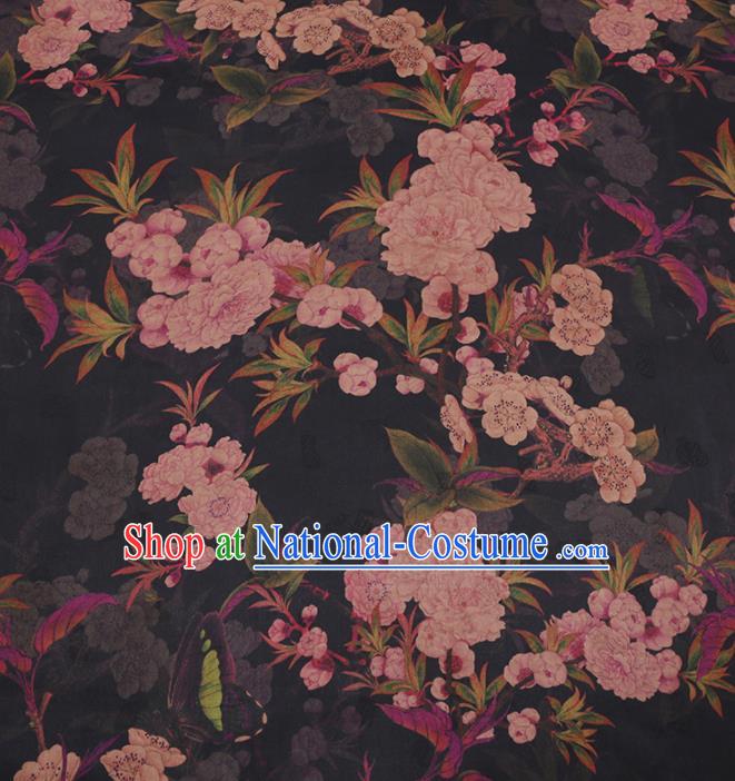 Traditional Chinese Classical Peach Blossom Pattern Design Black Gambiered Guangdong Gauze Asian Brocade Silk Fabric