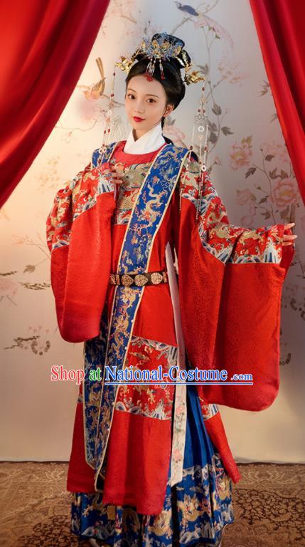 Chinese Ancient Ming Dynasty Red Hanfu Dress Traditional Wedding Queen Embroidered Replica Costume for Women