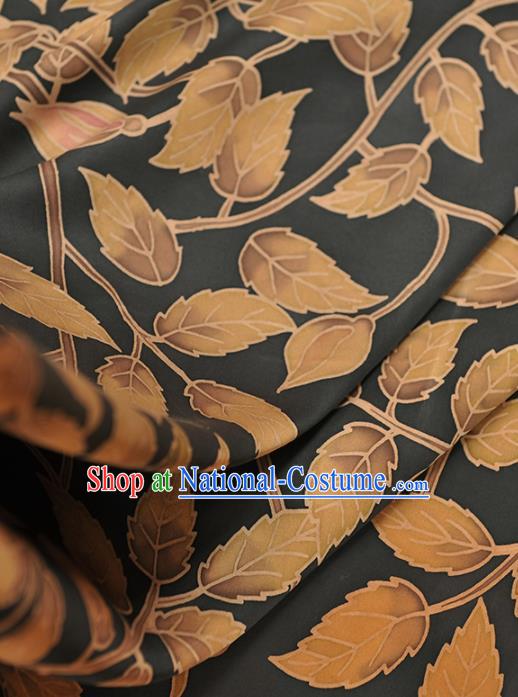 Chinese Traditional Classical Leaf Pattern Design Black Gambiered Guangdong Gauze Asian Brocade Silk Fabric