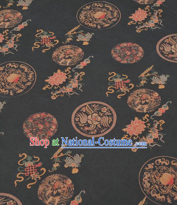 Chinese Traditional Phoenix Peony Pattern Design Black Gambiered Guangdong Gauze Asian Brocade Silk Fabric