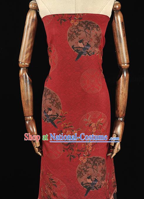 Chinese Traditional Magpie Pattern Design Red Gambiered Guangdong Gauze Asian Brocade Silk Fabric