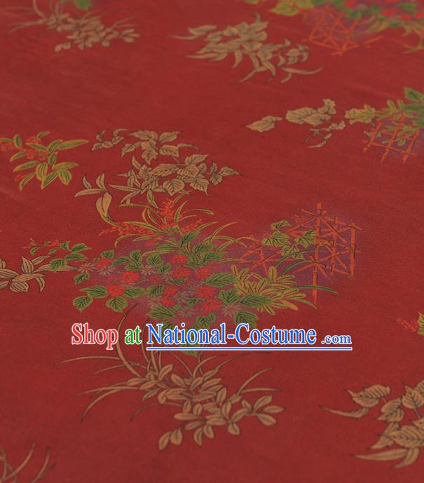 Chinese Traditional Orchid Pattern Design Red Gambiered Guangdong Gauze Asian Brocade Silk Fabric