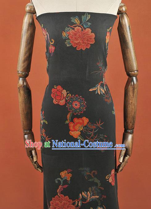 Chinese Traditional Peony Flowers Pattern Design Black Gambiered Guangdong Gauze Asian Brocade Silk Fabric