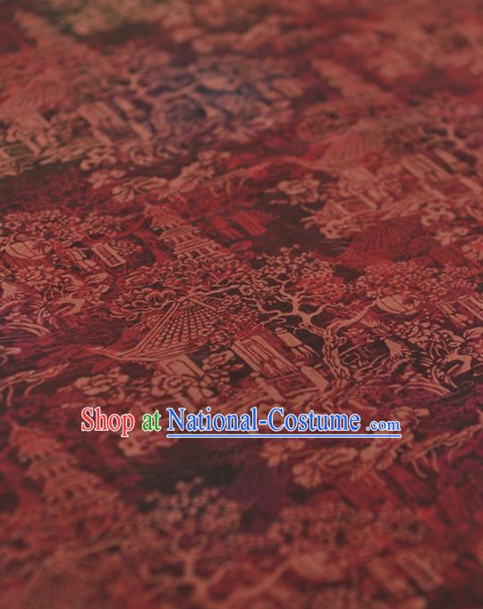 Chinese Traditional Tower Pattern Design Wine Red Gambiered Guangdong Gauze Asian Brocade Silk Fabric