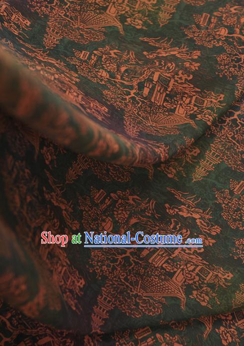 Chinese Traditional Tower Pattern Design Green Gambiered Guangdong Gauze Asian Brocade Silk Fabric