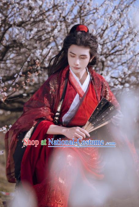 Chinese Ancient Jin Dynasty Nobility Childe Red Hanfu Clothing Traditional Swordsman Embroidered Replica Costume for Men