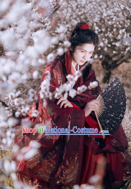 Chinese Ancient Jin Dynasty Nobility Childe Red Hanfu Clothing Traditional Swordsman Embroidered Replica Costume for Men