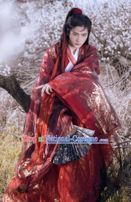 Chinese Ancient Jin Dynasty Nobility Childe Red Hanfu Clothing Traditional Swordsman Embroidered Replica Costume for Men