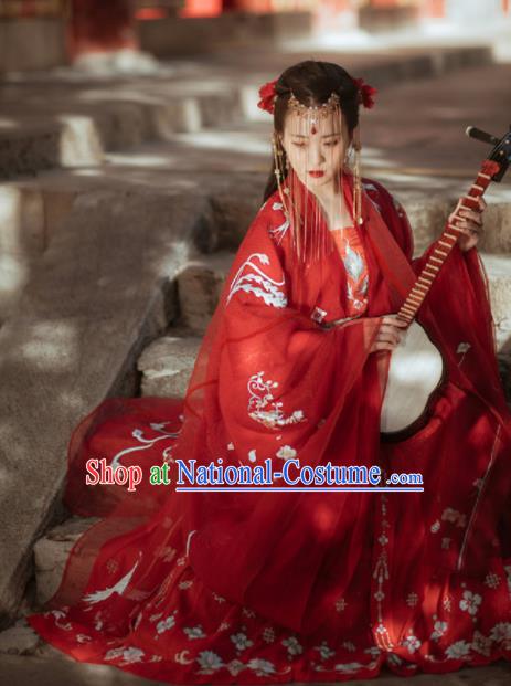 Chinese Ancient Tang Dynasty Wedding Red Hanfu Dress Traditional Bride Embroidered Replica Costume for Women