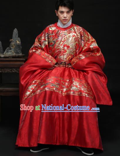 Chinese Ancient Ming Dynasty Bridegroom Hanfu Red Robe Traditional Wedding Embroidered Replica Costume for Men