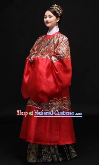 Chinese Ancient Ming Dynasty Wedding Bride Red Hanfu Dress Traditional Court Princess Embroidered Replica Costume for Women