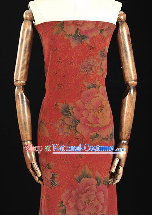 Chinese Traditional Peony Pattern Design Red Gambiered Guangdong Gauze Asian Brocade Silk Fabric