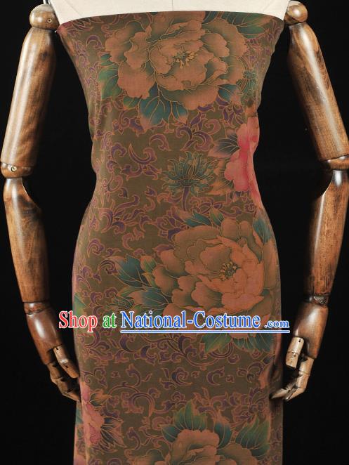 Chinese Traditional Peony Pattern Design Olive Green Gambiered Guangdong Gauze Asian Brocade Silk Fabric