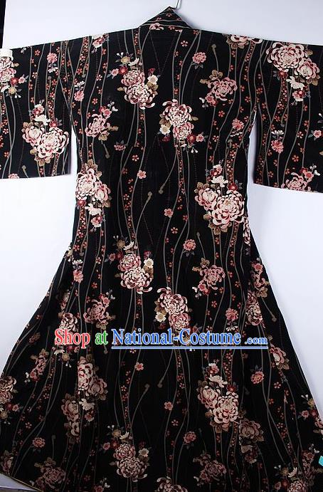 Asian Japanese Ceremony Printing Chrysanthemum Black Kimono Traditional Japan National Yukata Costume for Men