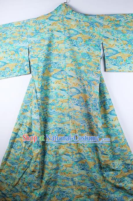 Asian Japanese Ceremony Clothing Classical Landscape Pattern Blue Kimono Traditional Japan National Yukata Costume for Men