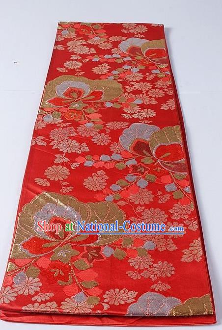 Asian Japanese Yukata Accessories Classical Daisy Pattern Red Brocade Belt Japan Traditional Kimono Waistband for Women