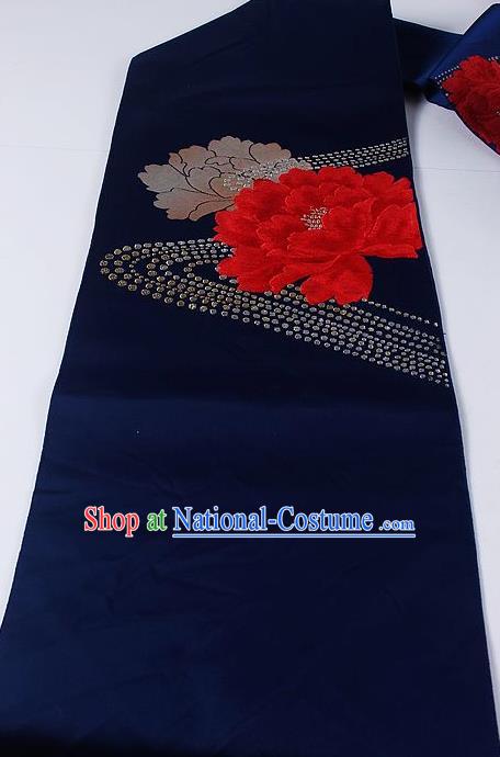 Asian Japanese Kimono Accessories Classical Peony Pattern Royalblue Brocade Belt Traditional Yukata Waistband for Women