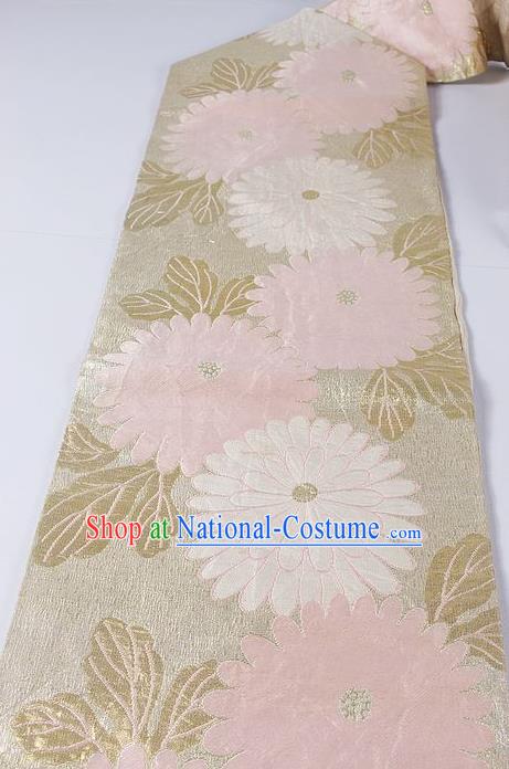 Asian Japanese Classical Chrysanthemum Pattern Beige Brocade Waistband Kimono Accessories Traditional Yukata Belt for Women